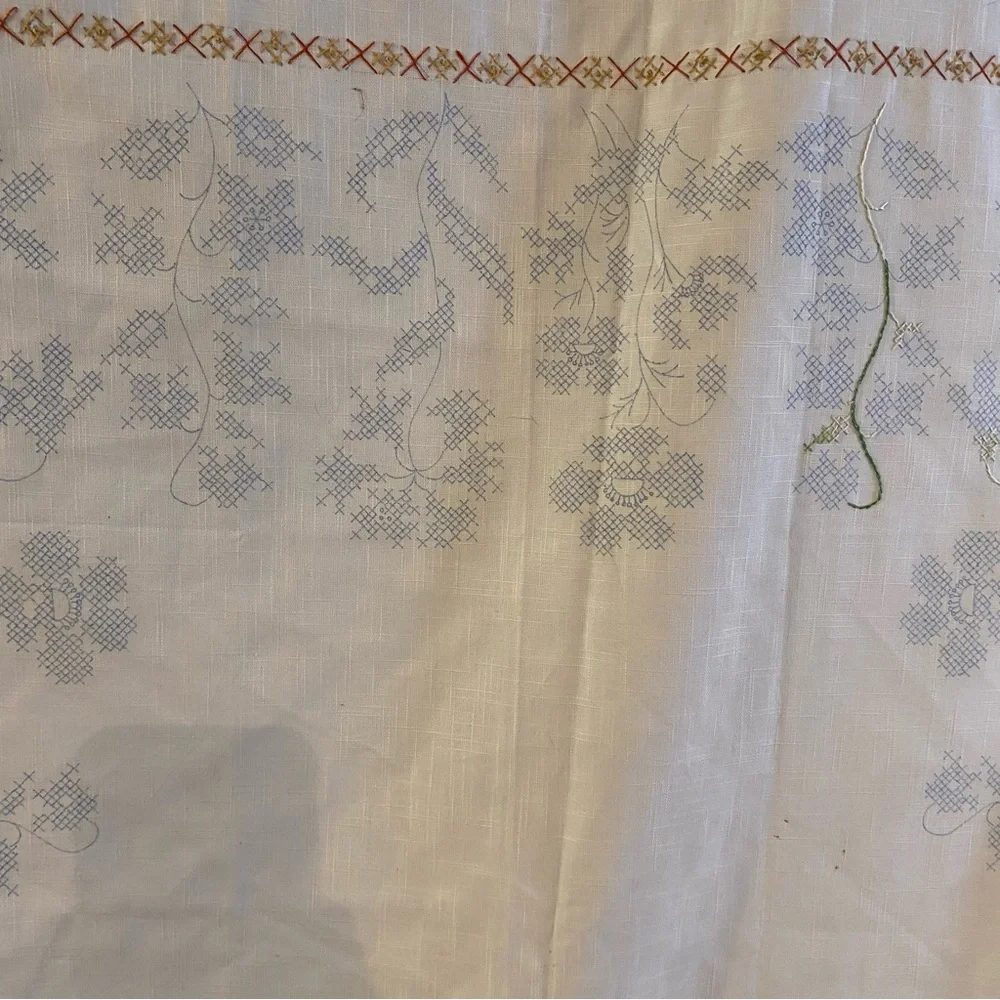 Vintage Embroidery Pre-Stamped Linen 60”x88” Tablecloth (Started)